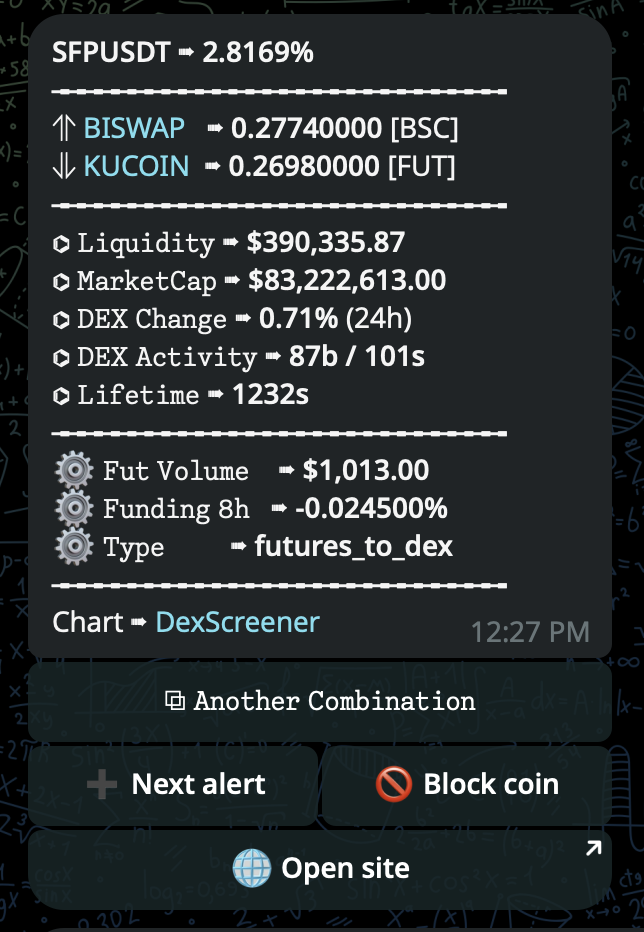 Telegram alert example for a DEX to futures hedge route.