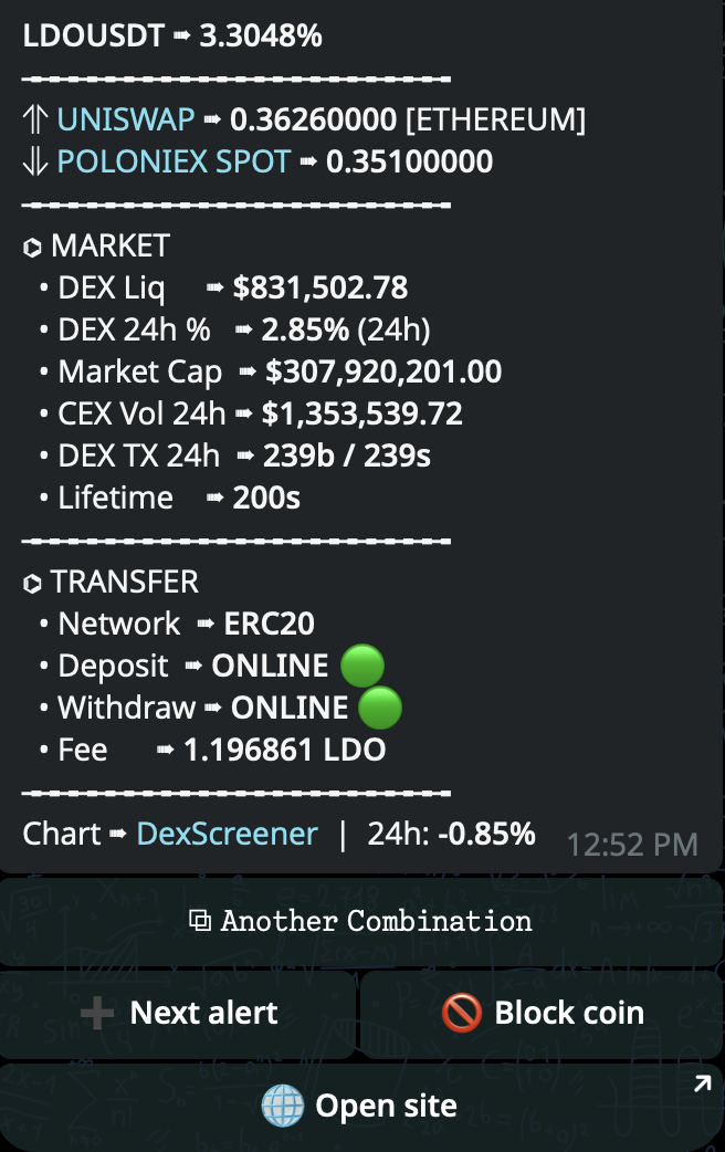 Telegram alert example for a DEX to spot route.