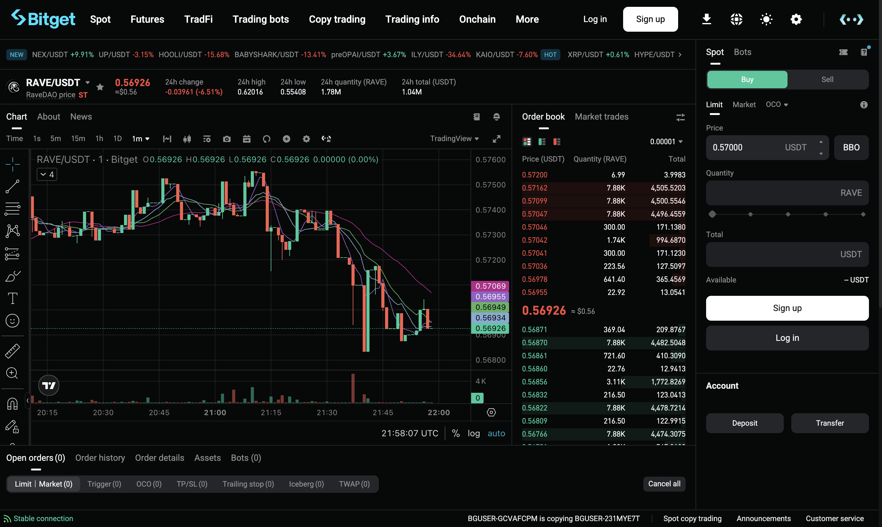 Bitget spot order book screenshot used as a real cross-exchange spot arbitrage example (RAVE/USDT buy leg).